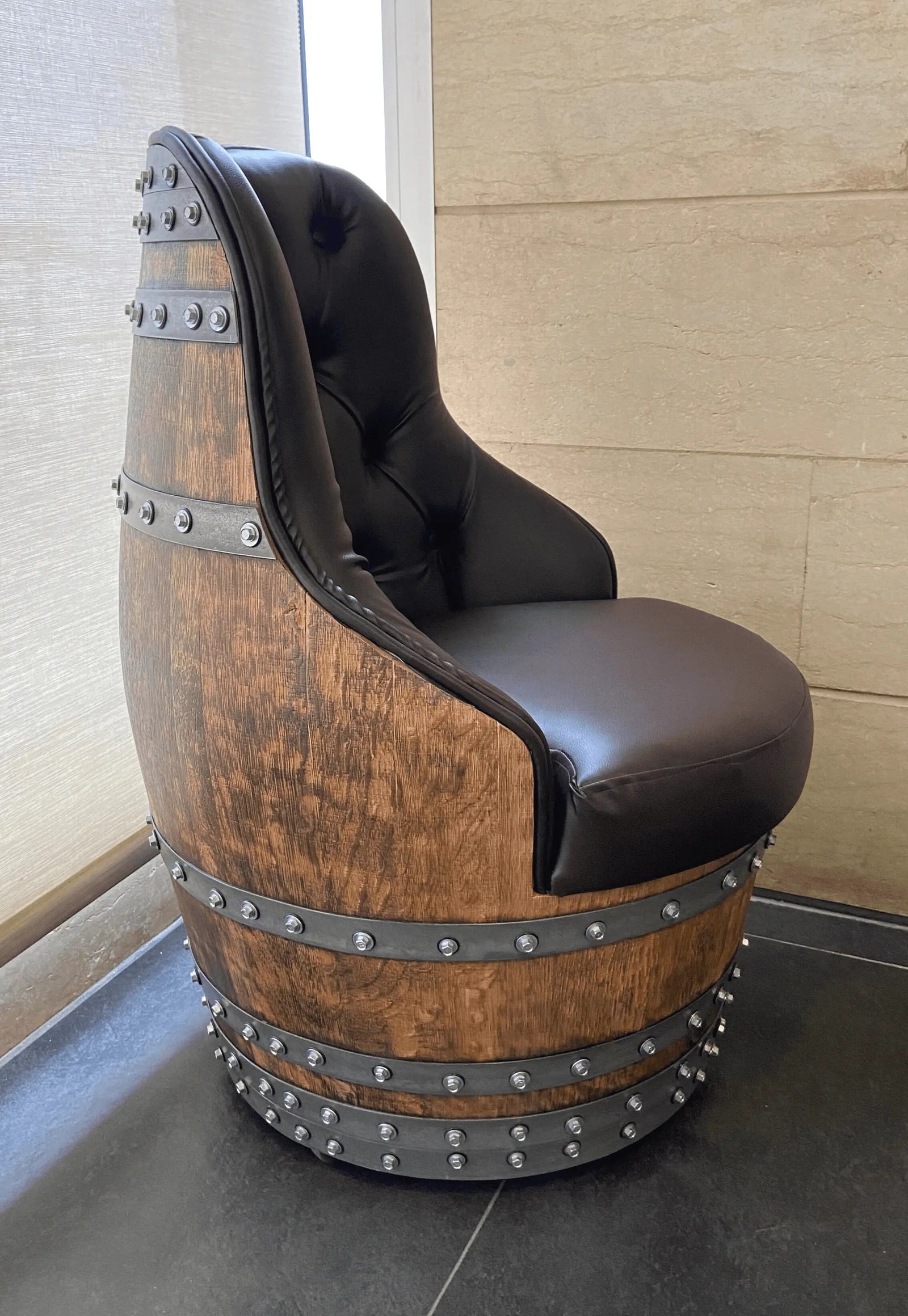 Luxury Captain Barrel Chair, Handmade Wine and Whiskey Barrel Chair, Hidden Storage, Memory Foam Upholstery, Movable On Casters