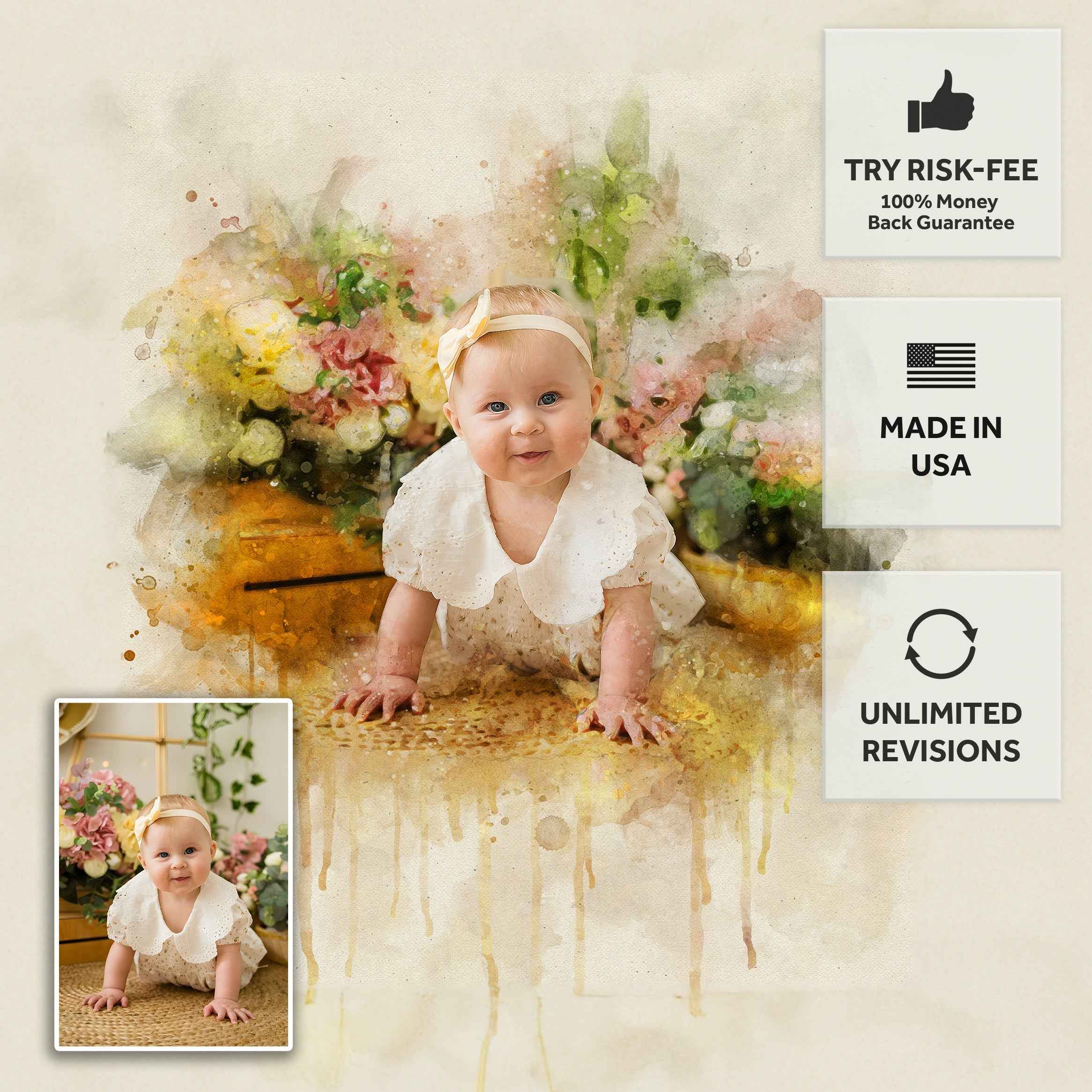 Newborn Baby Watercolor Portrait Custom Wall Art