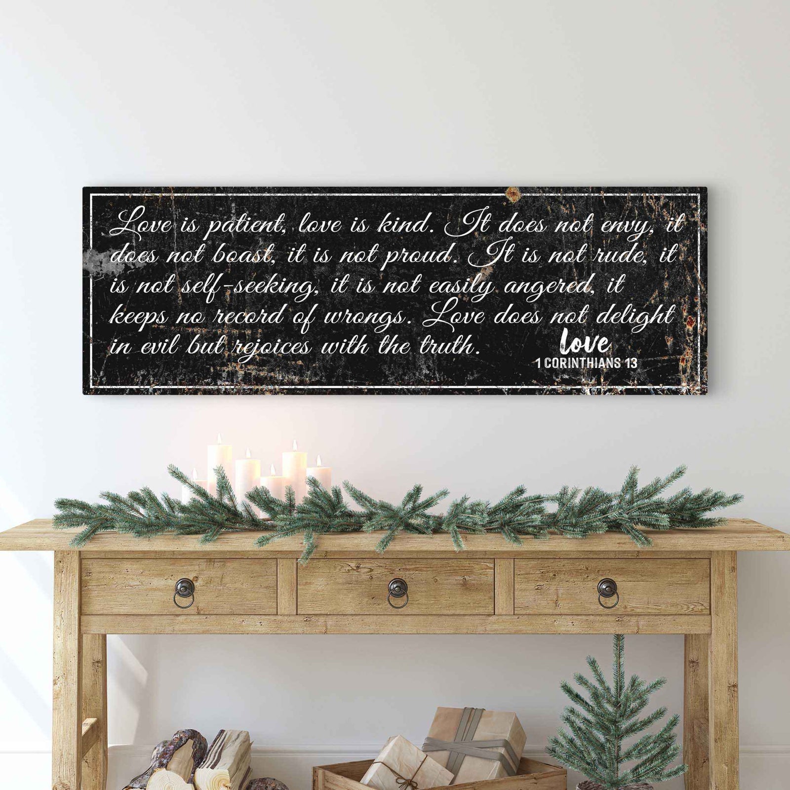 1 Corinthians 13: 'Love Is Patient' - Rustic Christian Wall Art, Religious Decor for Living Room