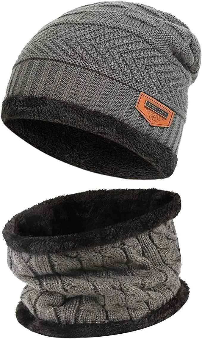 Mens Womens Winter Beanie Hat Scarf Set Warm Knit Hat Thick Fleece Lined Winter Cap Neck Warmer for Men Women