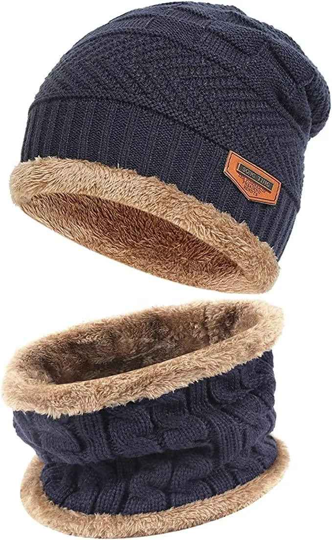 Mens Womens Winter Beanie Hat Scarf Set Warm Knit Hat Thick Fleece Lined Winter Cap Neck Warmer for Men Women
