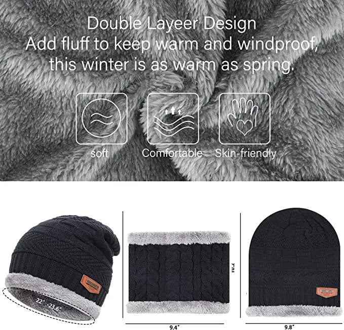 Mens Womens Winter Beanie Hat Scarf Set Warm Knit Hat Thick Fleece Lined Winter Cap Neck Warmer for Men Women