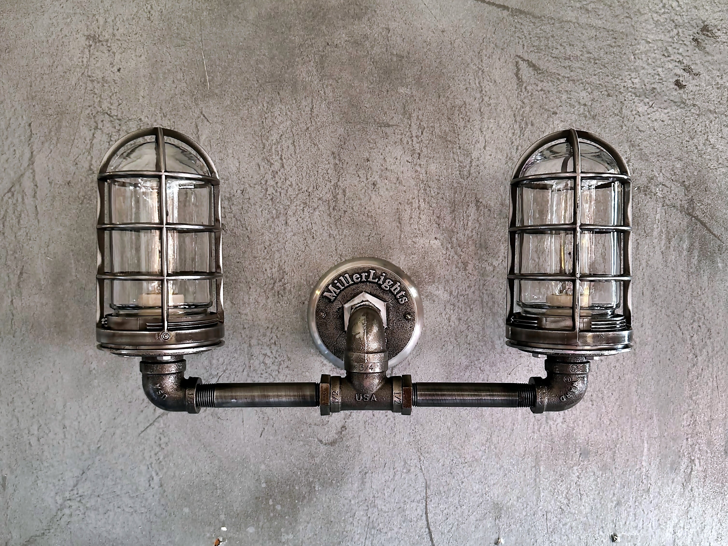 Black Pipe Light - Industrial Double Cage Wall Sconce - The Ironforge