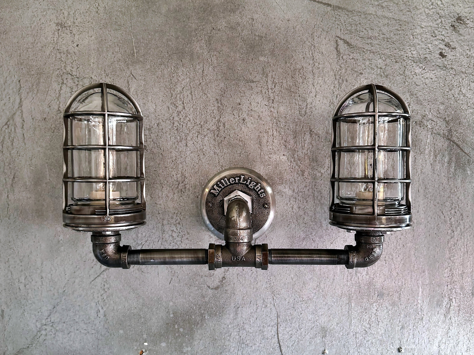Black Pipe Light - Industrial Double Cage Wall Sconce - The Ironforge