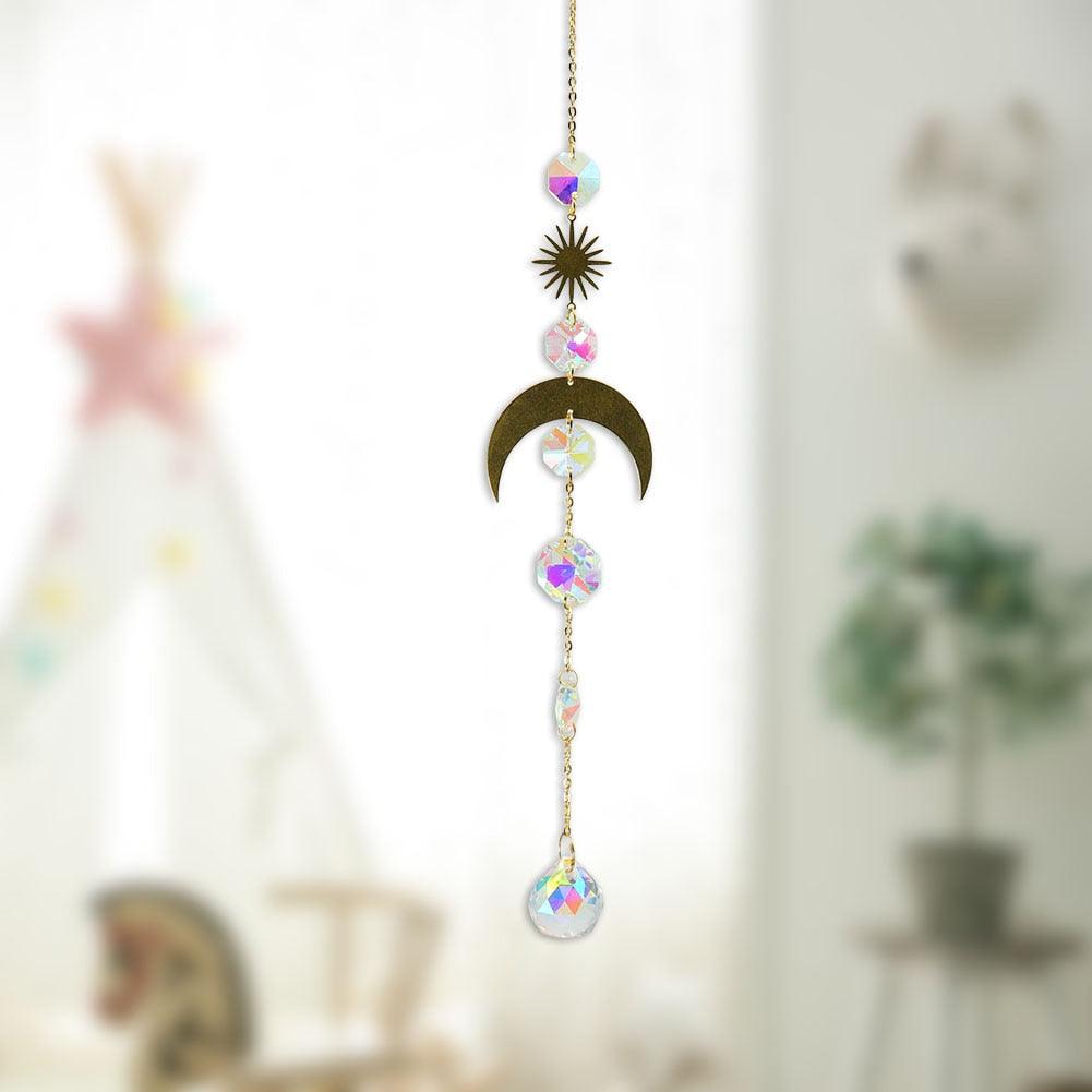 Metallic Hoop Moon Sun Wind Chimes Crystals Sun-catcher Ornament With Chakra Energy K9 Crystal Ball Prisms Hanging Rainbow Chaser Window Curtains Pendant Home Decor Gifts