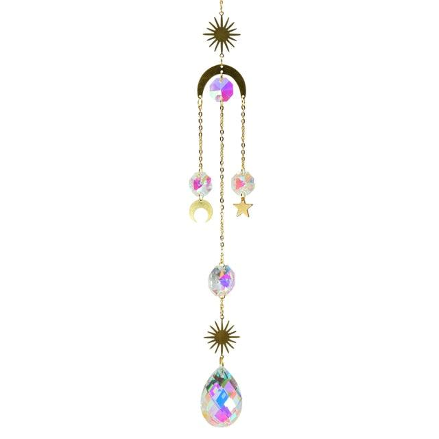 Metallic Hoop Moon Sun Wind Chimes Crystals Sun-catcher Ornament With Chakra Energy K9 Crystal Ball Prisms Hanging Rainbow Chaser Window Curtains Pendant Home Decor Gifts