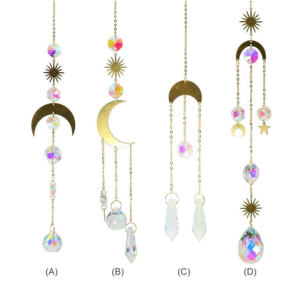 Metallic Hoop Moon Sun Wind Chimes Crystals Sun-catcher Ornament With Chakra Energy K9 Crystal Ball Prisms Hanging Rainbow Chaser Window Curtains Pendant Home Decor Gifts