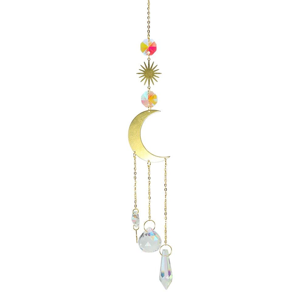 Metallic Hoop Moon Sun Wind Chimes Crystals Sun-catcher Ornament With Chakra Energy K9 Crystal Ball Prisms Hanging Rainbow Chaser Window Curtains Pendant Home Decor Gifts