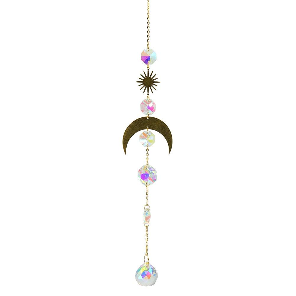 Metallic Hoop Moon Sun Wind Chimes Crystals Sun-catcher Ornament With Chakra Energy K9 Crystal Ball Prisms Hanging Rainbow Chaser Window Curtains Pendant Home Decor Gifts