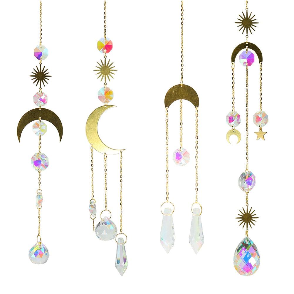 Metallic Hoop Moon Sun Wind Chimes Crystals Sun-catcher Ornament With Chakra Energy K9 Crystal Ball Prisms Hanging Rainbow Chaser Window Curtains Pendant Home Decor Gifts