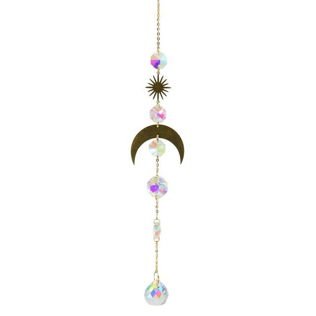 Metallic Hoop Moon Sun Wind Chimes Crystals Sun-catcher Ornament With Chakra Energy K9 Crystal Ball Prisms Hanging Rainbow Chaser Window Curtains Pendant Home Decor Gifts