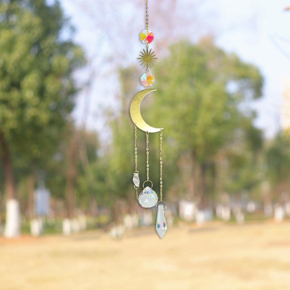 Metallic Hoop Moon Sun Wind Chimes Crystals Sun-catcher Ornament With Chakra Energy K9 Crystal Ball Prisms Hanging Rainbow Chaser Window Curtains Pendant Home Decor Gifts