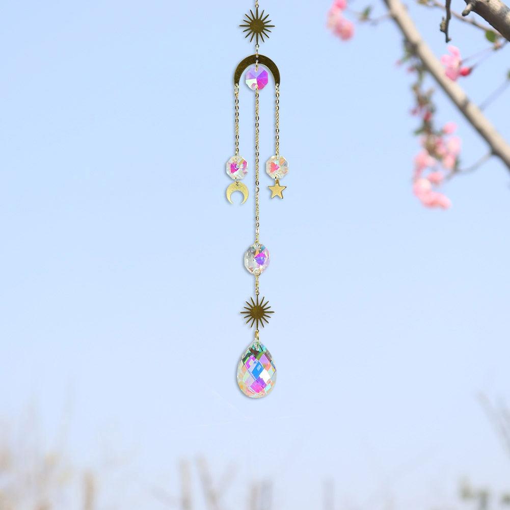 Metallic Hoop Moon Sun Wind Chimes Crystals Sun-catcher Ornament With Chakra Energy K9 Crystal Ball Prisms Hanging Rainbow Chaser Window Curtains Pendant Home Decor Gifts