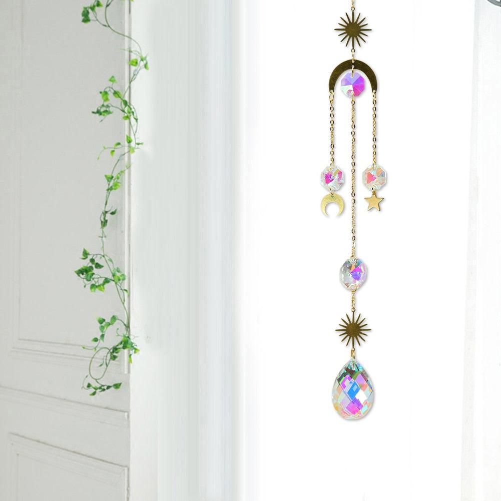 Metallic Hoop Moon Sun Wind Chimes Crystals Sun-catcher Ornament With Chakra Energy K9 Crystal Ball Prisms Hanging Rainbow Chaser Window Curtains Pendant Home Decor Gifts