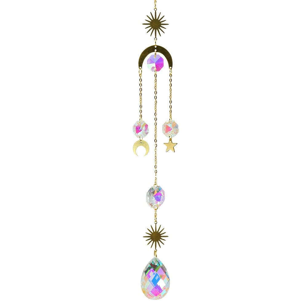 Metallic Hoop Moon Sun Wind Chimes Crystals Sun-catcher Ornament With Chakra Energy K9 Crystal Ball Prisms Hanging Rainbow Chaser Window Curtains Pendant Home Decor Gifts