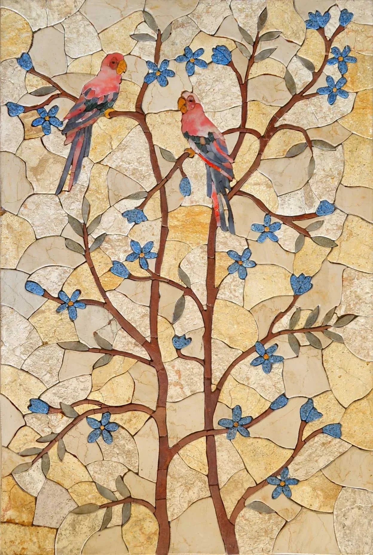 Avian Symphony: Mosaic Stone Art with Birds on Trees