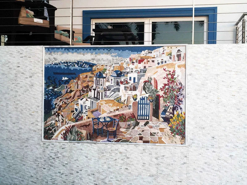 Handmade Mosaic - Santorini Island in The Aegean Sea
