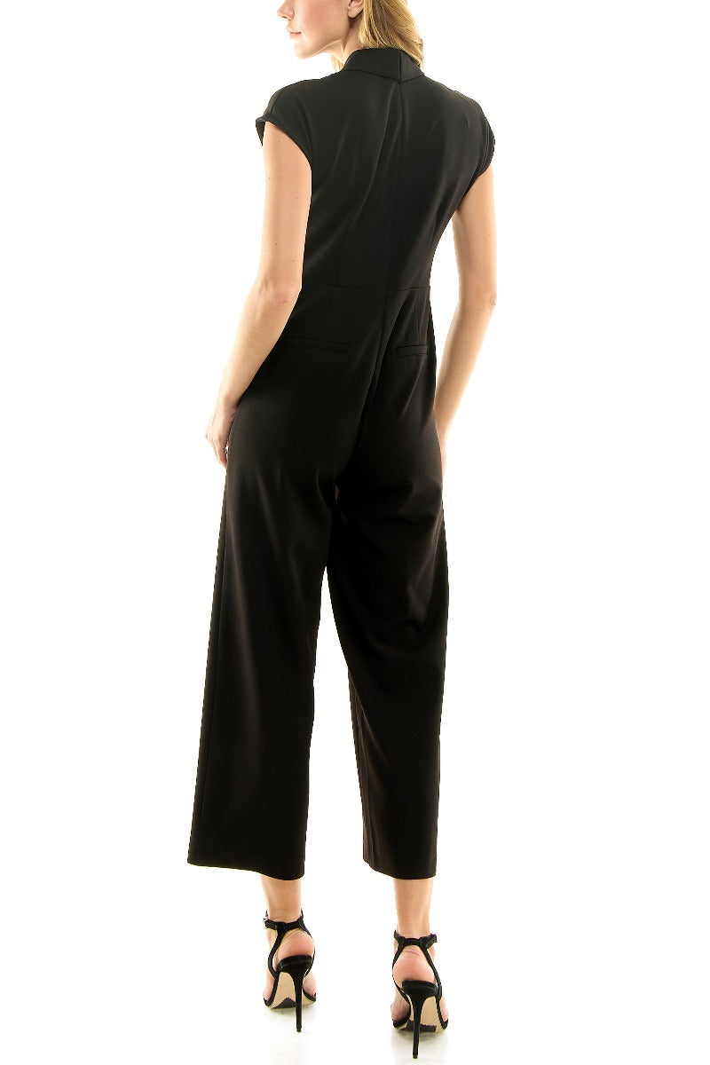 Nicole Miller V-Neck Cap Sleeve Gathered Front Solid Scuba Jumpsuit