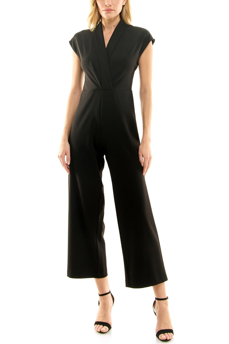 Nicole Miller V-Neck Cap Sleeve Gathered Front Solid Scuba Jumpsuit