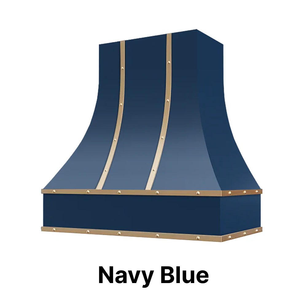 Wood Range Hood With Curved Front, Brass Strapping and Buttons - 30