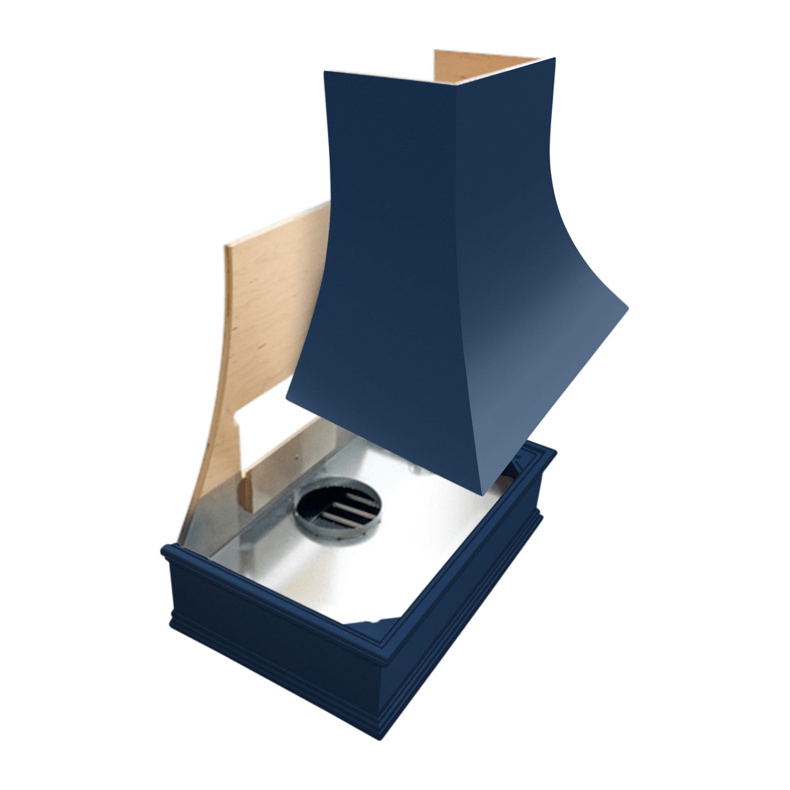 Navy Blue Wood Range Hood With Tapered Front and Decorative Trim - 30