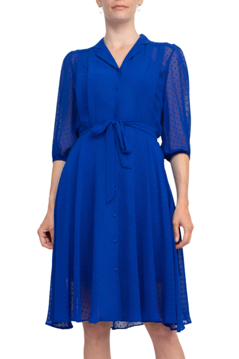 Nanette Lepore Collared Short Sleeve Tie Waist Illusion Rayon Dress