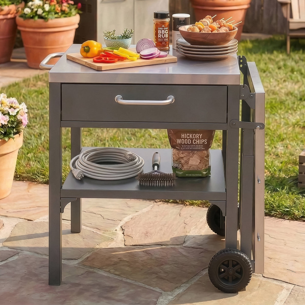 Outdoor Kitchen Cart Foldable Prep Station with Storage - Gray