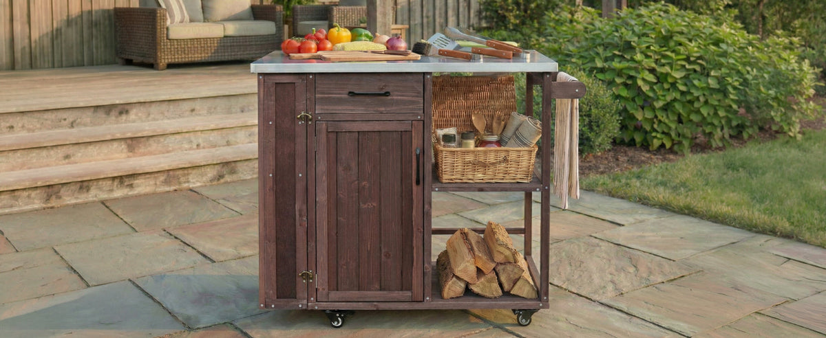 Outdoor Kitchen Island Fir Wood Prep Station with Stainless Steel Top
