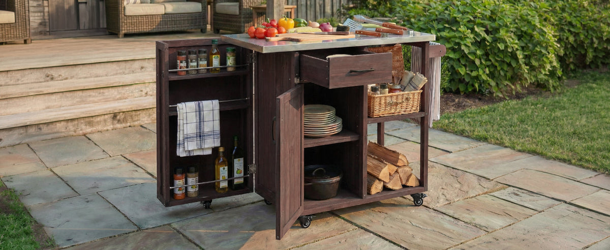 Outdoor Kitchen Island Fir Wood Prep Station with Stainless Steel Top