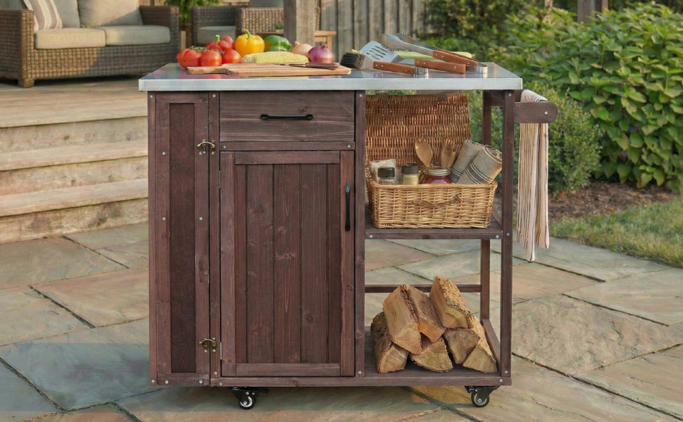 Outdoor Kitchen Island Fir Wood Prep Station with Stainless Steel Top