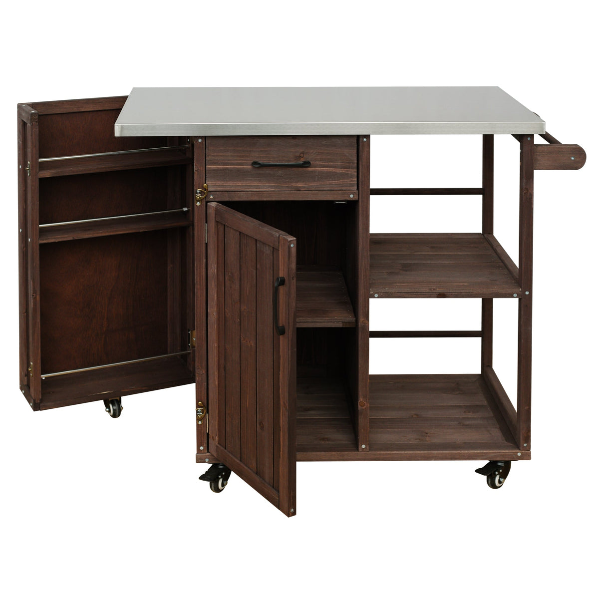 Outdoor Kitchen Island Fir Wood Prep Station with Stainless Steel Top