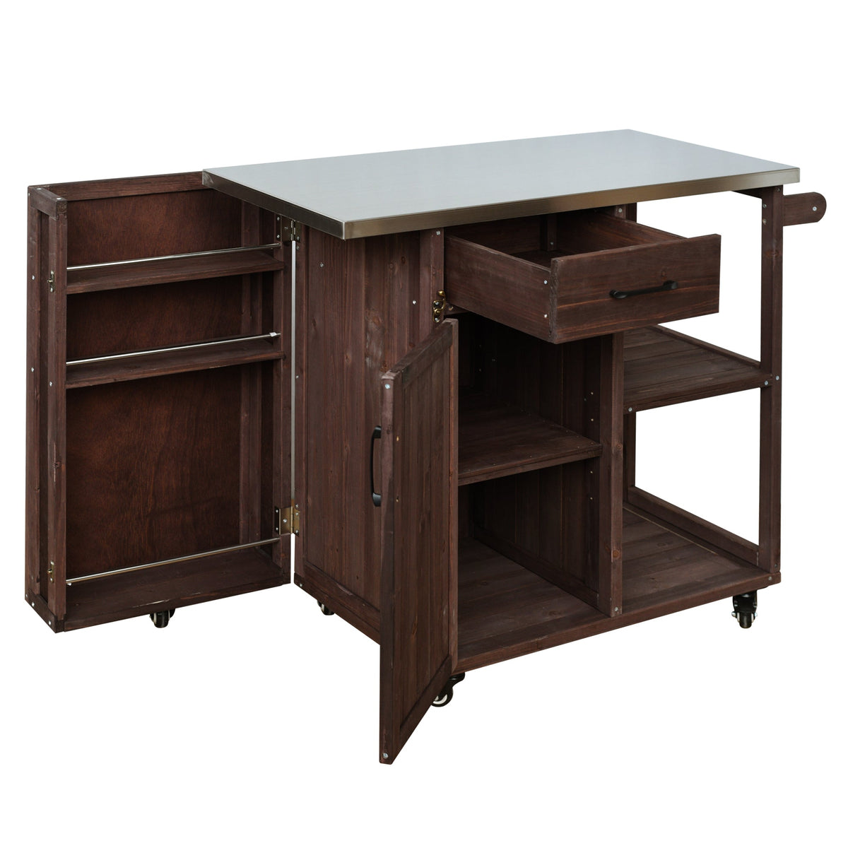 Outdoor Kitchen Island Fir Wood Prep Station with Stainless Steel Top