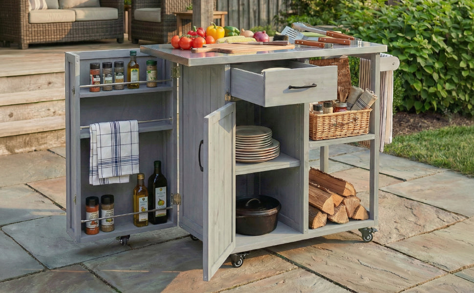 Outdoor Kitchen Island Prep Station with Stainless Steel Top - Natural Fir Wood