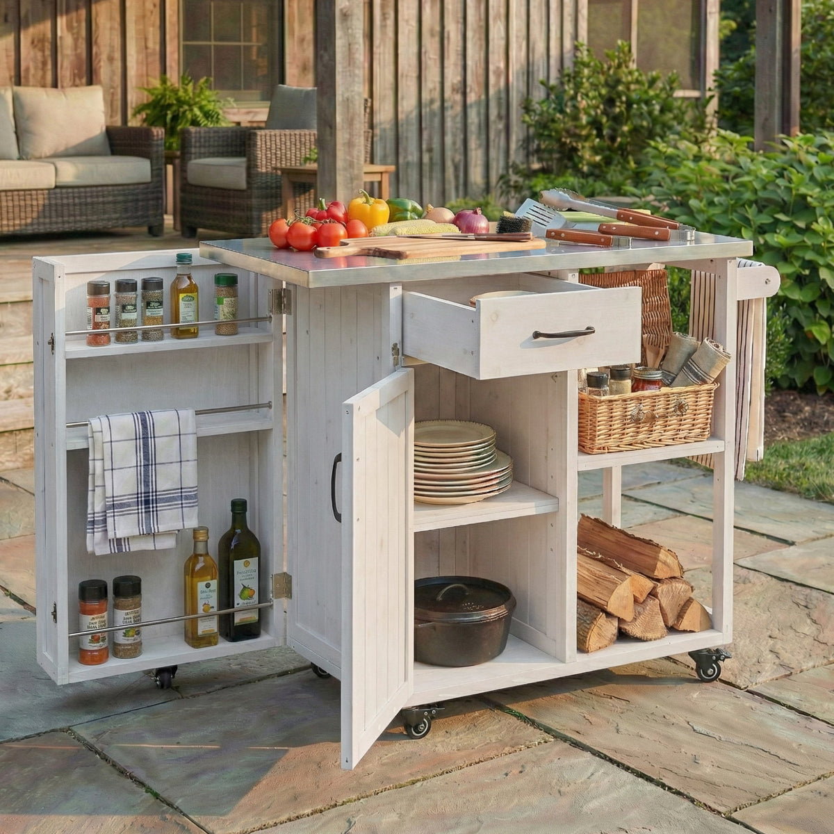 Outdoor Kitchen Island with Stainless Steel Top - Fir Wood