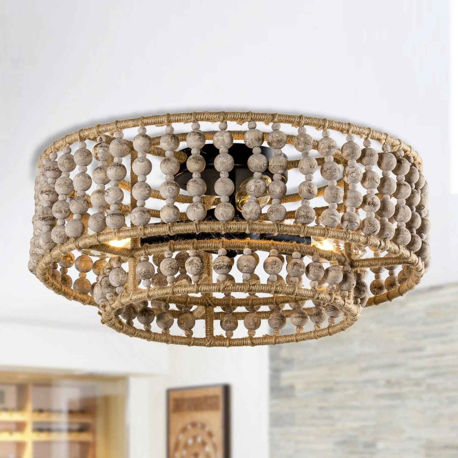 Farmhouse 3-Light Wood Beaded Flush Mount Ceiling Lights