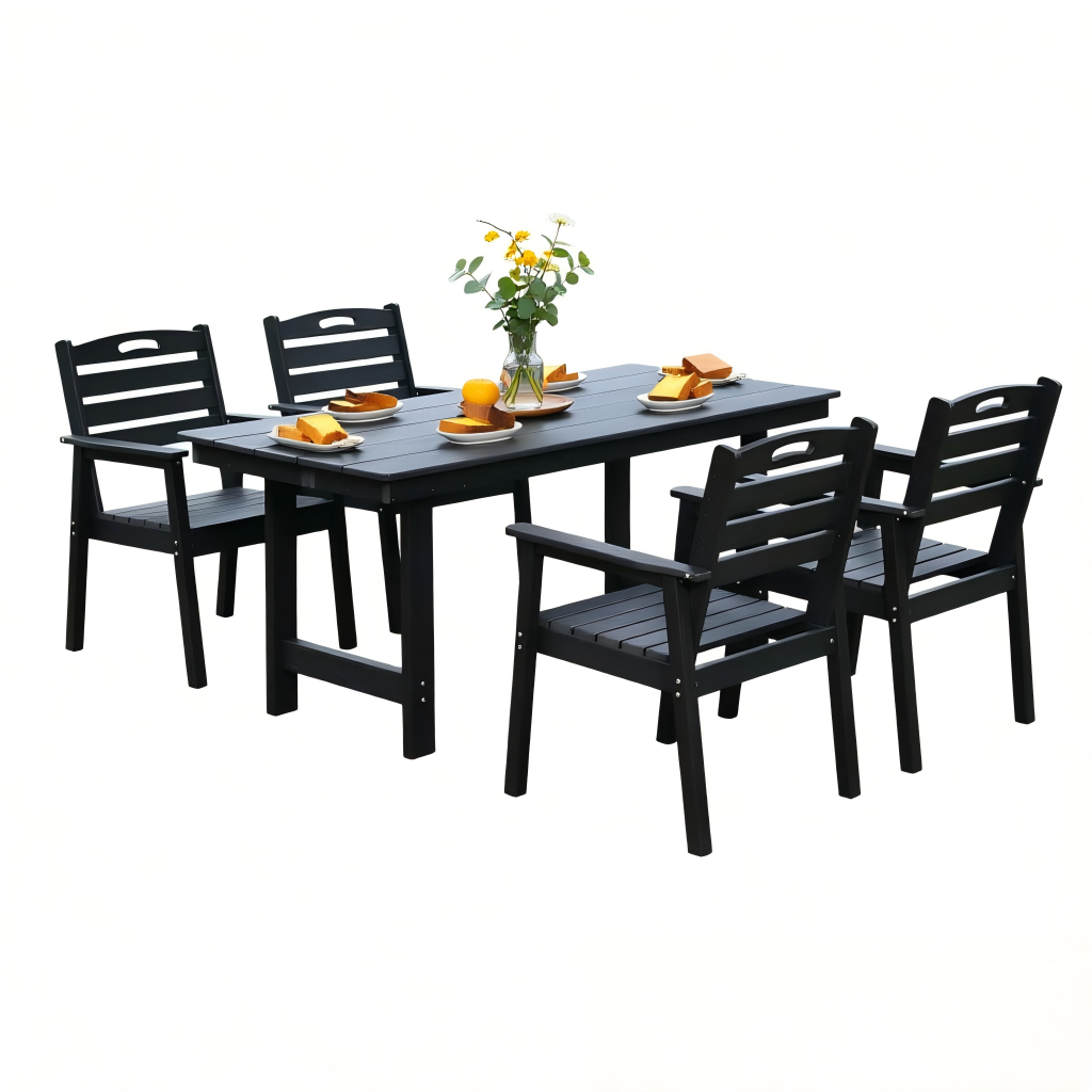 HDPE Outdoor Patio Dining Set with Table and Four Chairs - Black