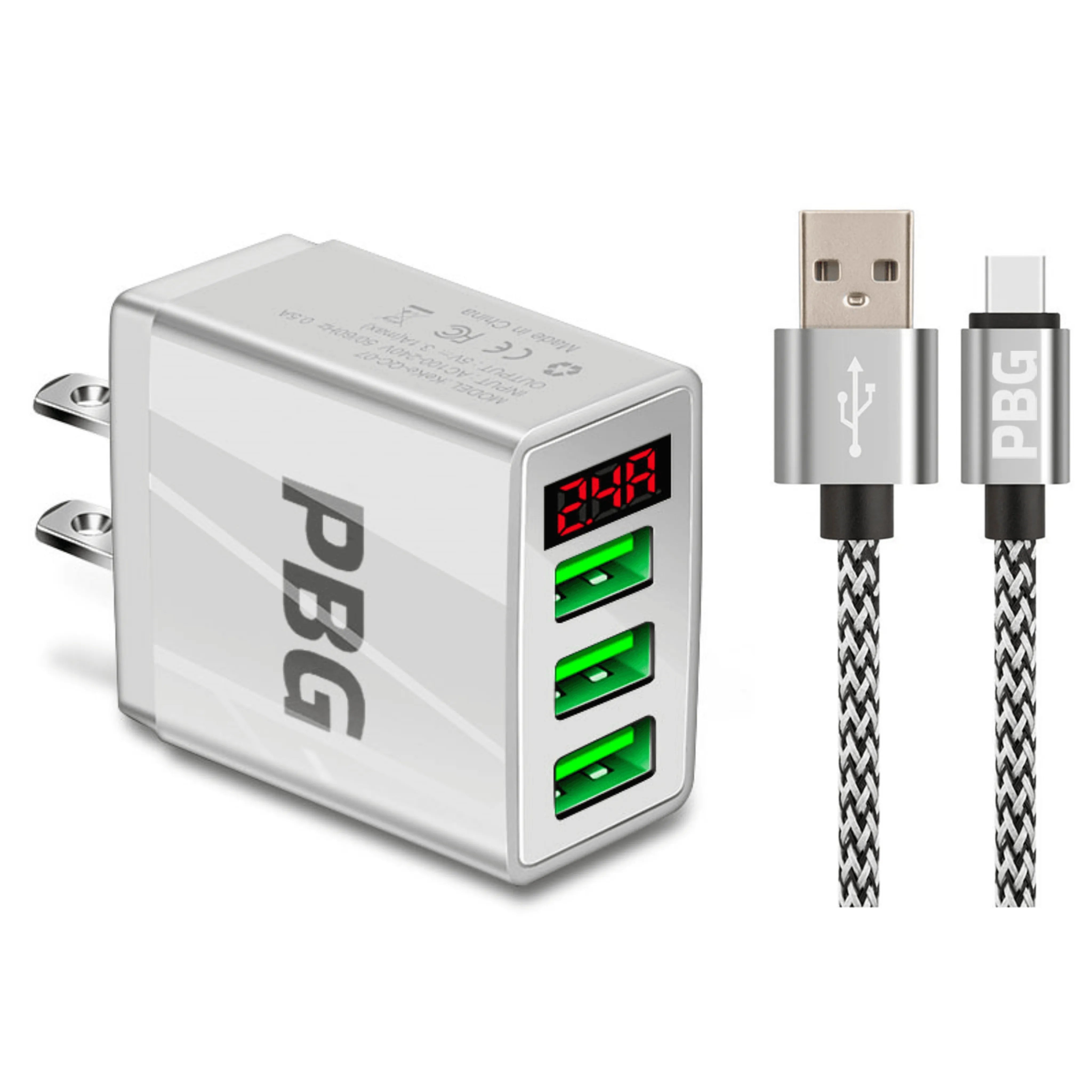 PBG 3 port LED Display Wall Charger and XL10FT Charger Compatible for Iphone Cable Bundle