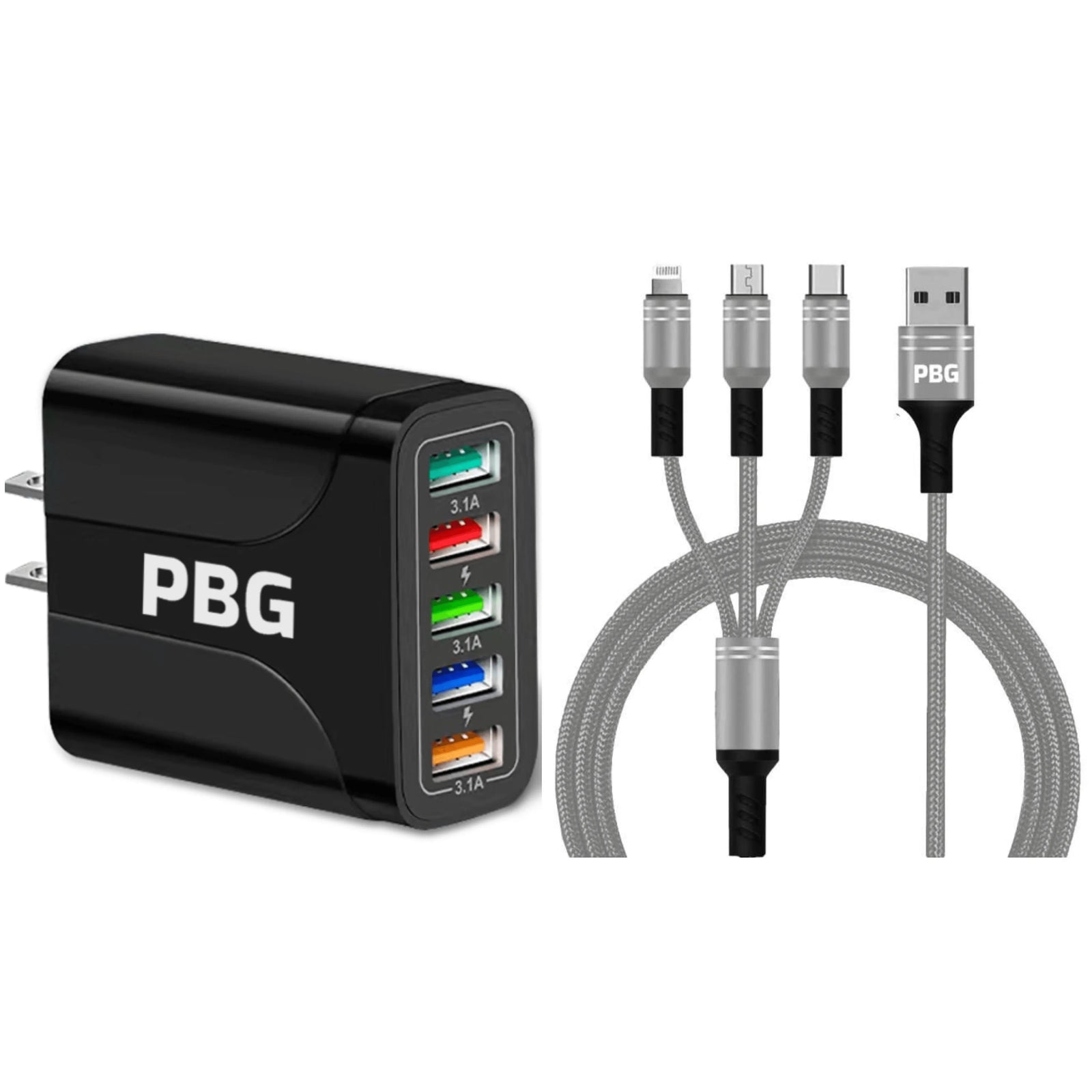 PBG Black 5-Port LED Wall Charger & QC 3-in-1 Nylon Braided Fast Charging Cable