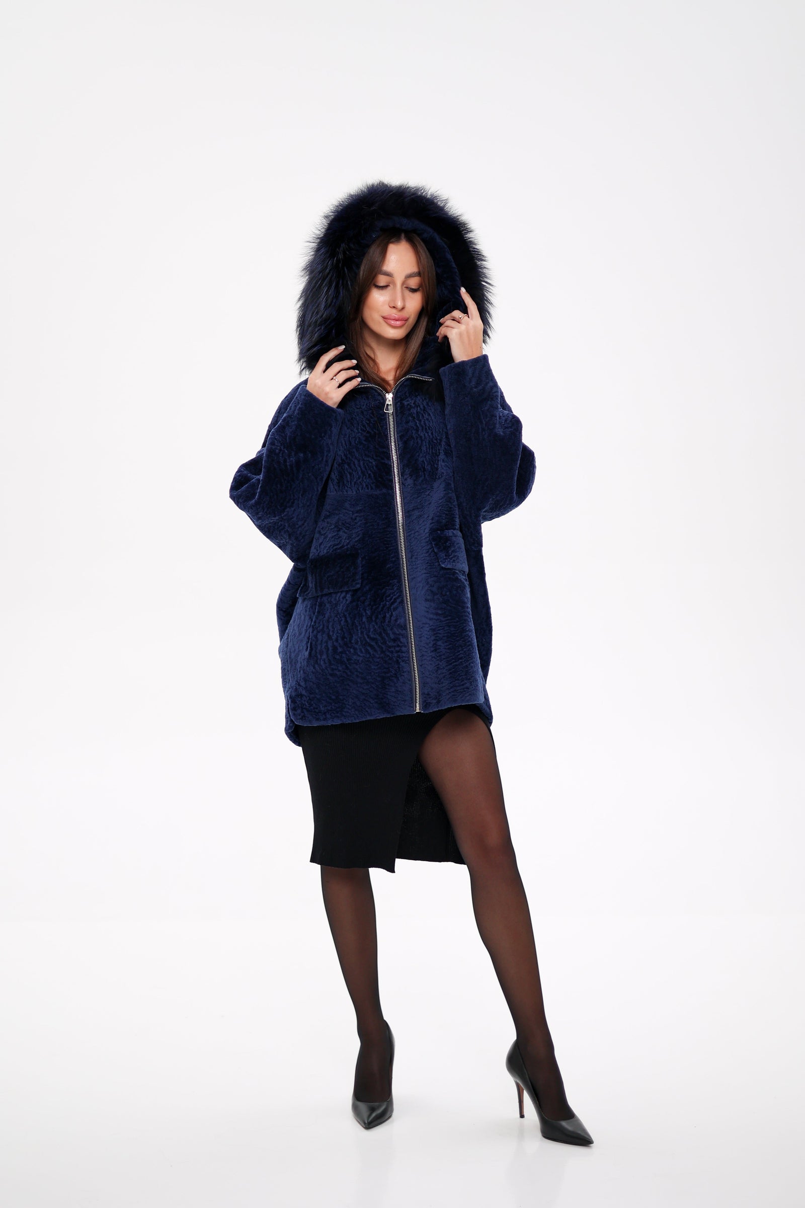 Genuine Shearling Silver Fox Trim Jacket