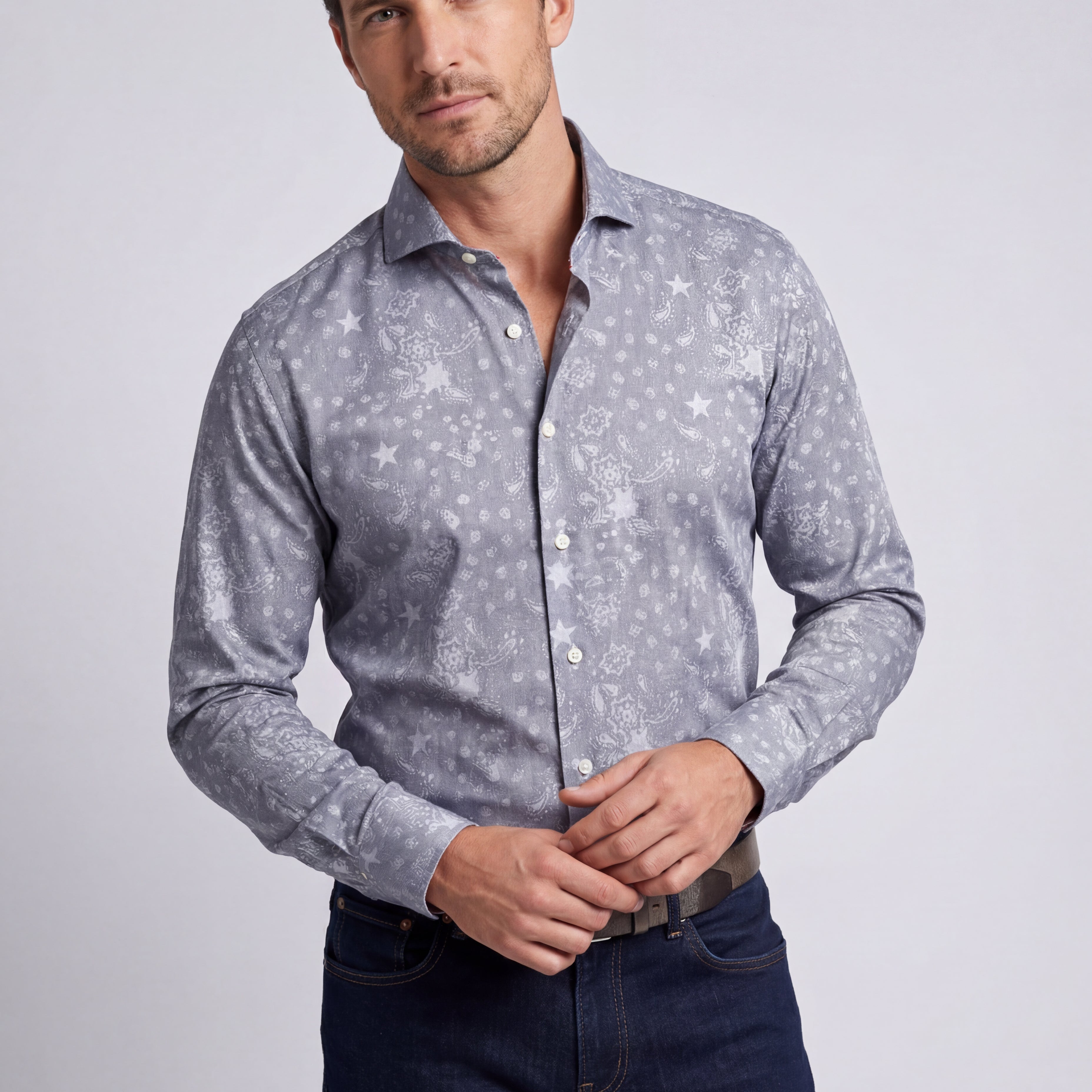 Blue Long Sleeve Shirt with contract trimming // Dual cuffs// contemporary fit