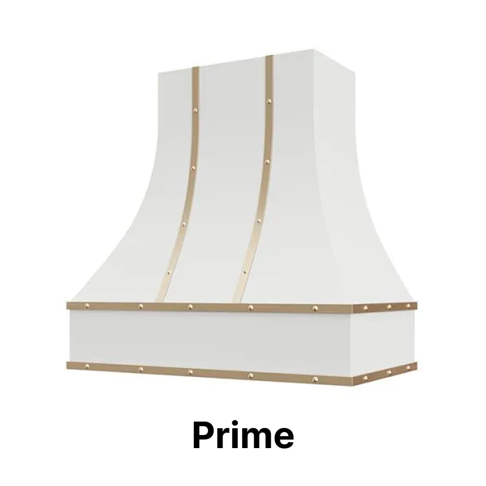 Wood Range Hood With Curved Front, Brass Strapping and Buttons - 30