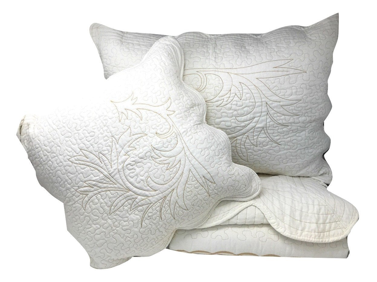 DaDa Bedding Elegant White Floral Beige Matelassé 100% Cotton Coverlet 5Pcs Bedspread Set - King Size (DXJ101796)