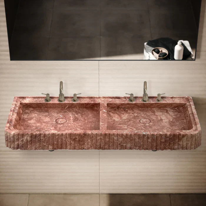 Red Travertine Double Bathroom Vanity Sink Fluted on Front and Edges (W)20
