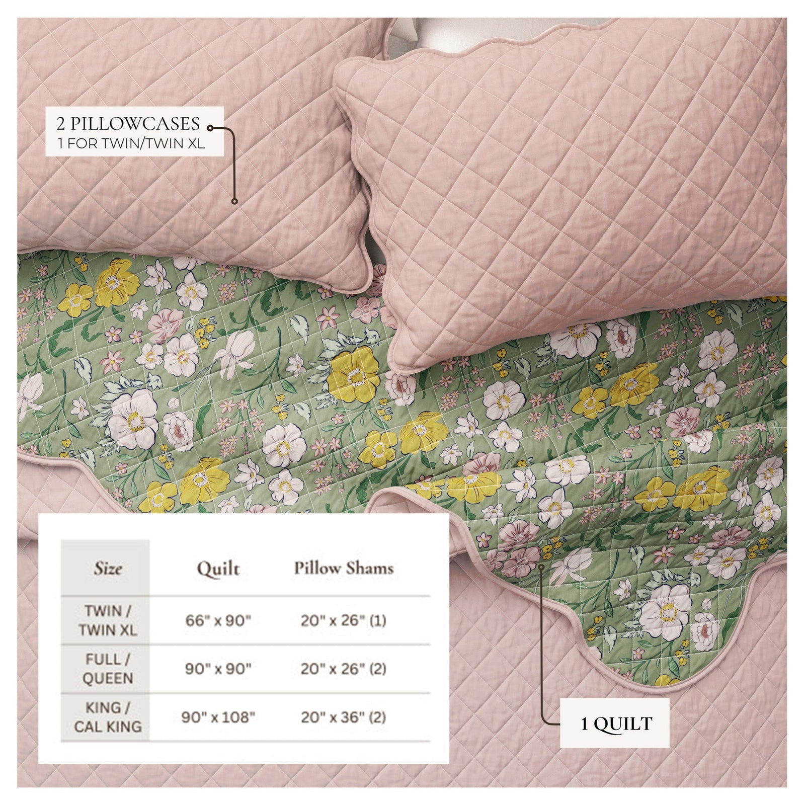 Floral Print & Scalloped Edge Cotton Quilt Set - Gwen Collection