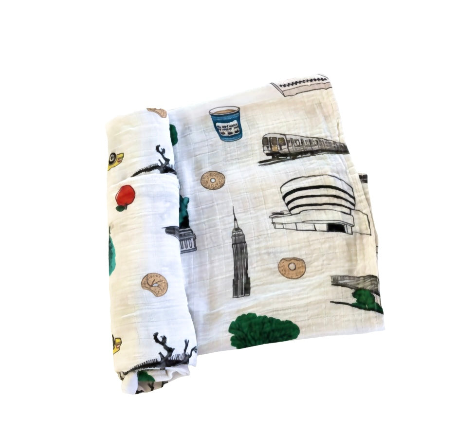 Gift Set: New York City Baby Muslin Swaddle Blanket and Burp Cloth/Bib Combo Extra Large Bamboo Cotton