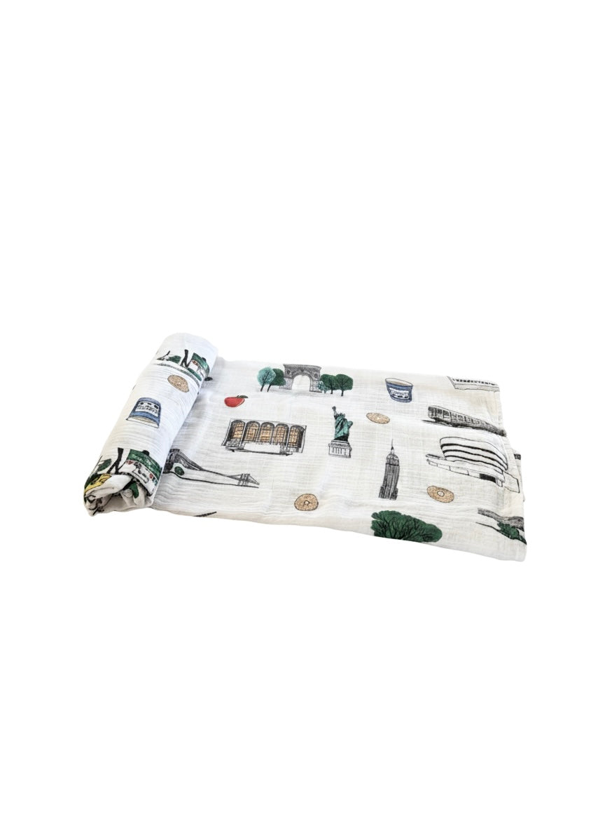 Gift Set: New York City Baby Muslin Swaddle Blanket and Burp Cloth/Bib Combo Extra Large Bamboo Cotton