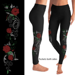 Red Rose Rhinestone Vine Leggings with Side Pockets