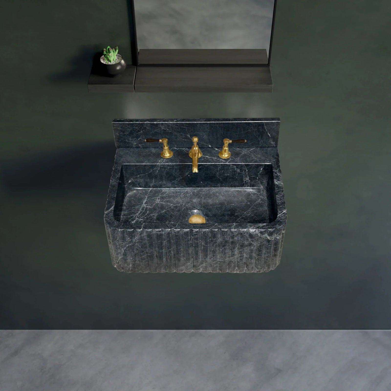 Sirius Black Marble Wall-mount Bathroom Sink Ribbed with 4