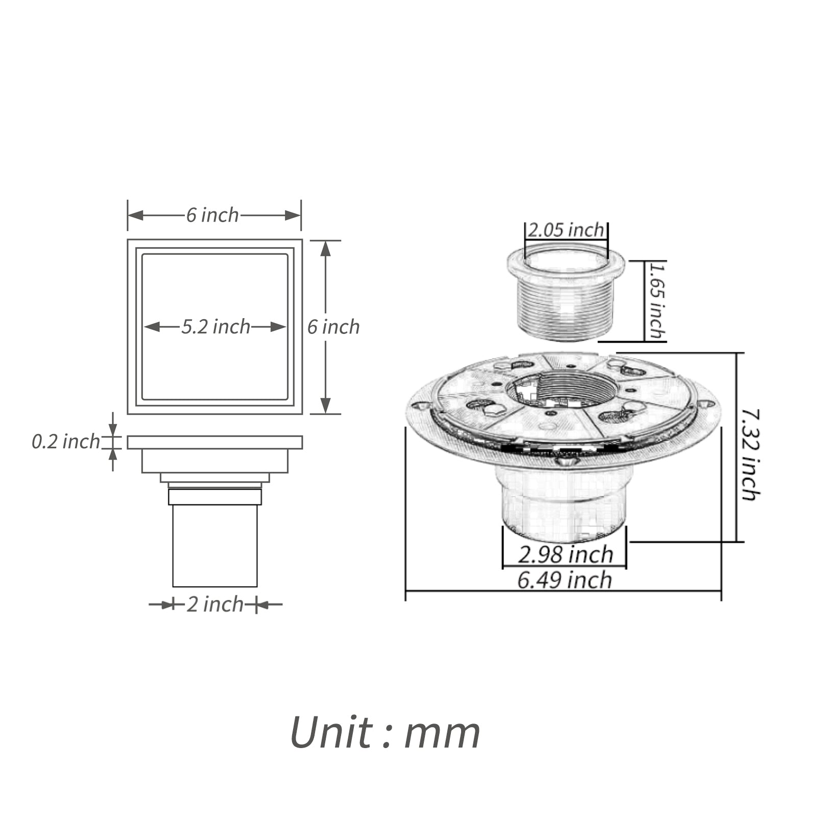 Brushed nickel stainless floor drain 6x6inch