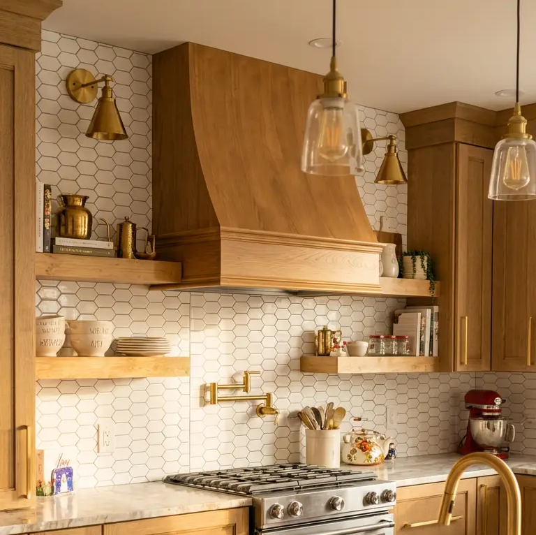 Wood Range Hood With Sloped Front and Decorative Trim - 30
